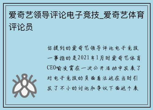 爱奇艺领导评论电子竞技_爱奇艺体育评论员